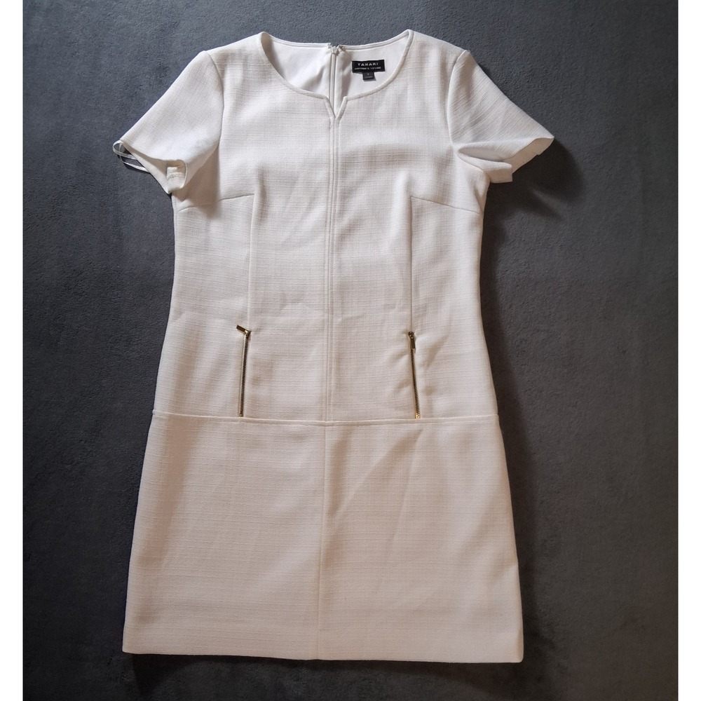 Tahari Arthur S Levine White Sheath Dress Womens Size 8 Textured Zip Pockets